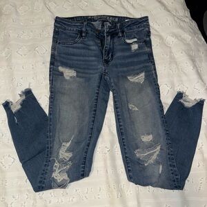 American Eagle Outfitters Blue Skinny Jeans with Distressed Details